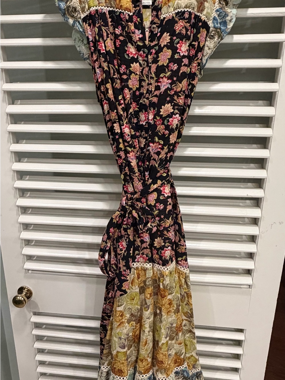 Anthropologie Black Floral Patchwork Maxi Dress with Pink and Gold Accents